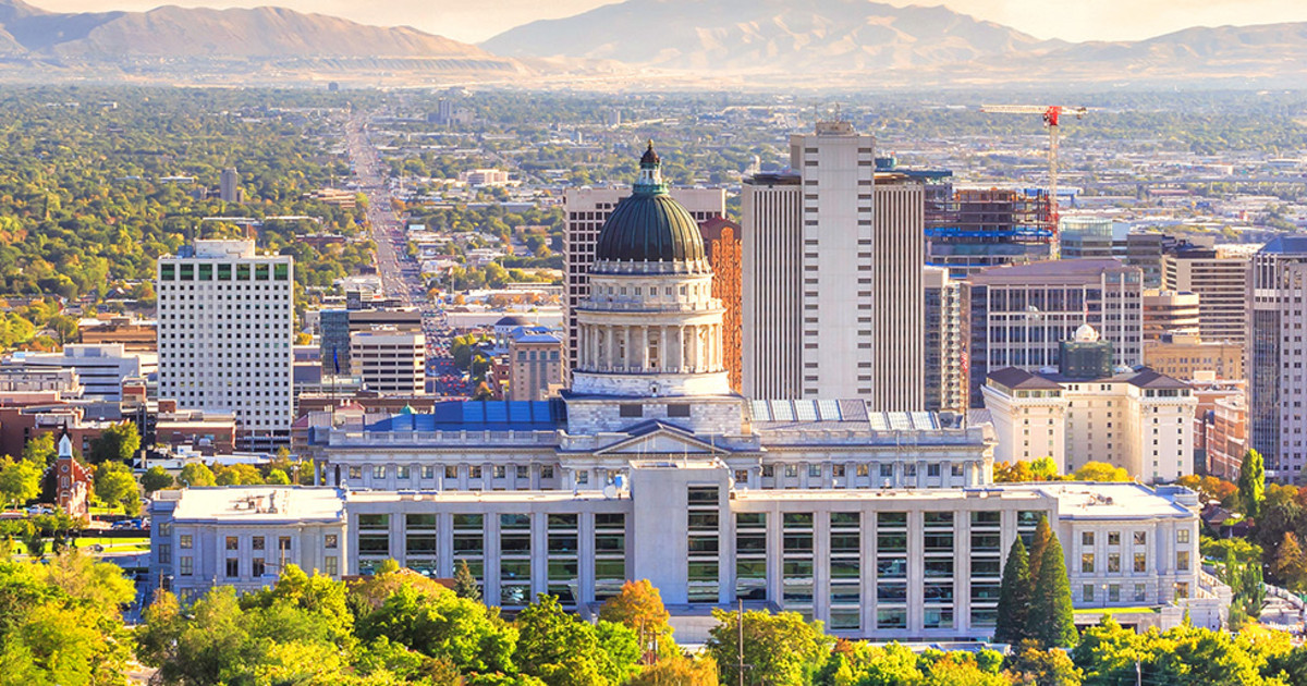 Salt Lake City downtown with the Wasatch Mountains